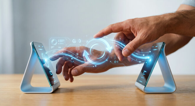 Digital data synchronization between devices concept, businessman touching virtual transfer interface, cloud syncing, data exchange, connection technology