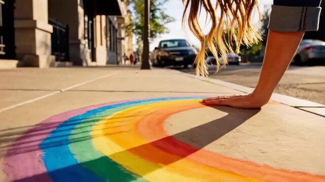 Leaning, placing woman's right hand on sidewalk, smoothing rainbow chalk with rolled denim sleeve