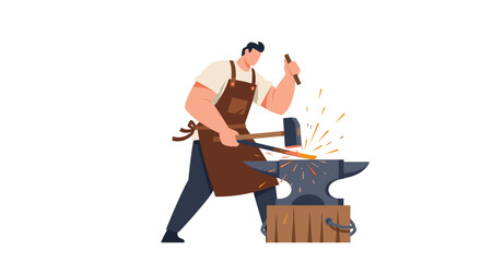 Fototapeta premium A blacksmith wearing a brown leather apron strikes a glowing metal rod on a heavy iron anvil with a hammer while standing in a workshop environment.