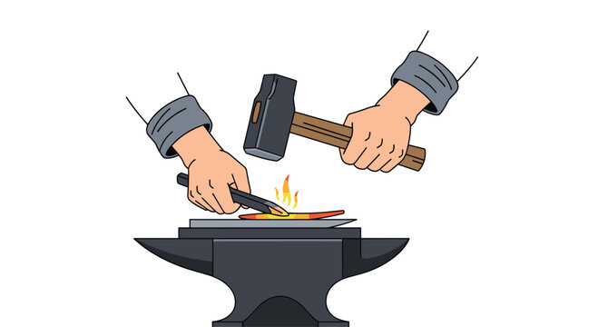 Skilled hands use metal tongs to manipulate a glowing hot iron piece on a dark anvil while being struck with a heavy hammer in workshop.