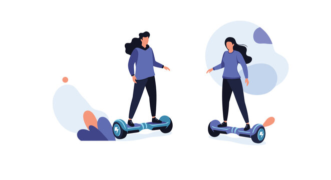 Modern lifestyle illustration showing a young man and woman riding electric self balancing scooters or hoverboards.