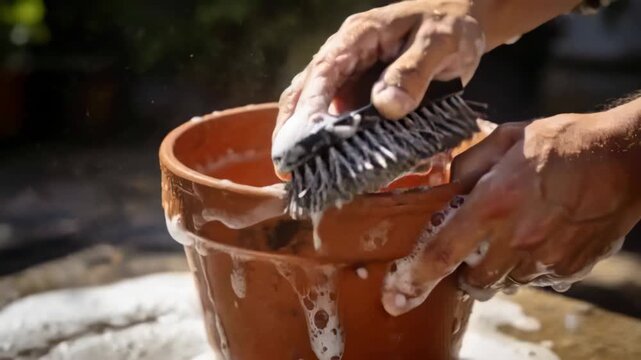 Soapy brush starting scrubbing hands cleaning terracotta pot on patio, removing stains into basin