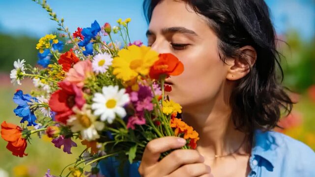 Holding wildflower bouquet, woman inhaling scent in sunlit meadow, hands gripping stems, blue shirt