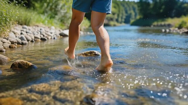 Stepping child bare feet lifting toes and hopping across shallow creek in blue shorts, to cross