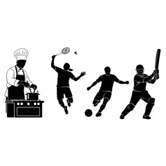 Obraz premium Silhouette icons of chef cooking and people playing sports