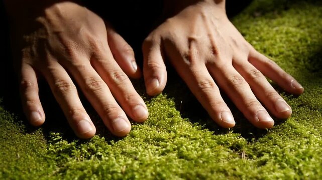 Moving into frame, bare hands pressing onto forest moss, feeling texture with twigs