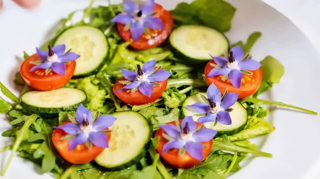 Starting hands lifting blue blooms using forceps in kitchen placing on tomato halves finishing dish
