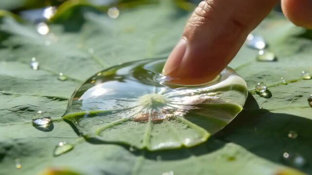 Pressing right index fingertip flattening lotus leaf water bead at pond, revealing veins