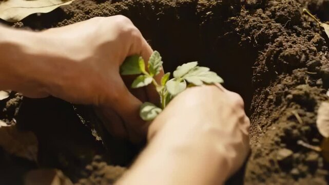 Planting person's bare hands lowering green seedling into dug hole at garden patch, to secure roots