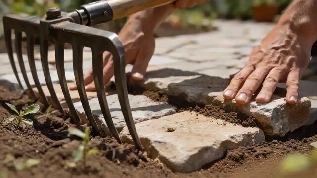 Pulling garden rake, gardener hands sweeping soil into paver joints on yard path in short sleeves