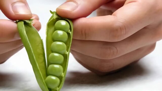 Pinching stem seam, adult hands pulling open green pea pod on white surface, revealing peas