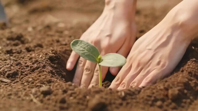 Holding seedling above hole, adult bare hands lowering into prepared soil, with tool handle, ring