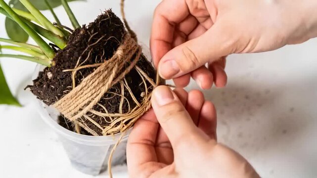 Bringing twine, hands looping and tightening root ball on tabletop near nursery pot for repotting