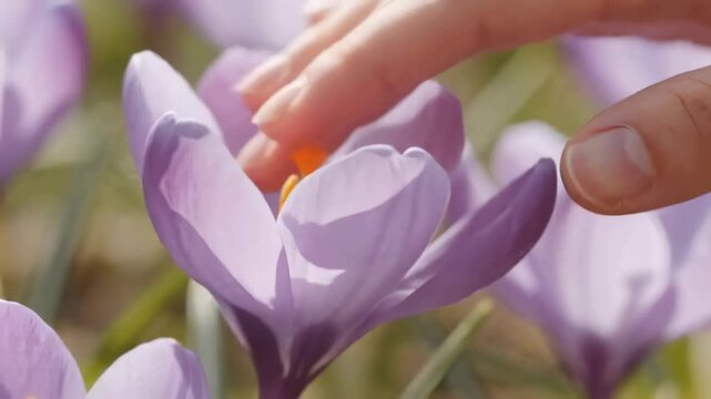 Touching adult hand coming from right brushing purple crocus petals in garden revealing gold stamen