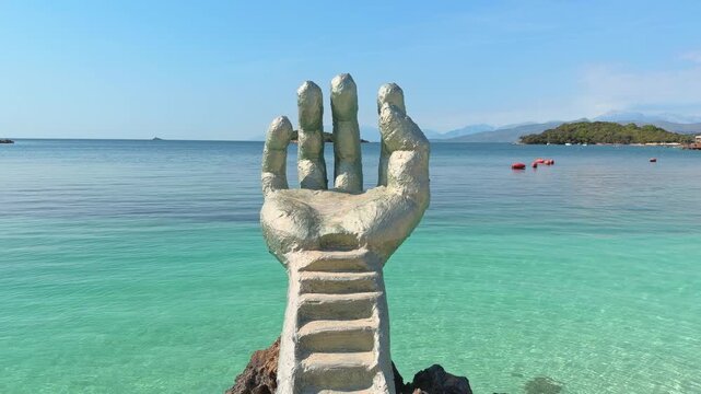 Ksamil village, Albania - 15th april , 2026: The Hand of Ksamil sculpture overlooking turquoise Ionian waters in Albania. Famous tourist landmark photo spot welcome beauty of the Mediterranean coast