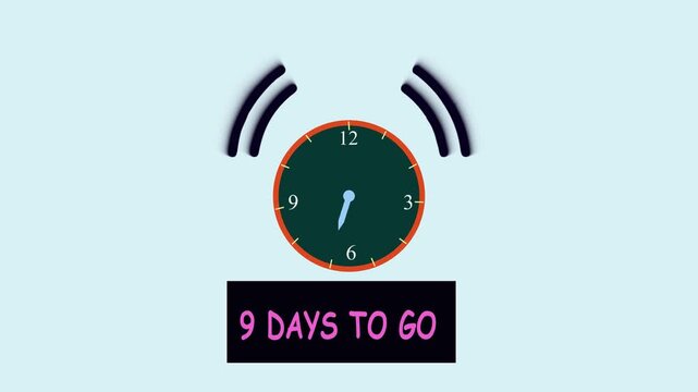 Timer number 9 days to go countdown motion template on white background. Animated alarm clock ringing showing