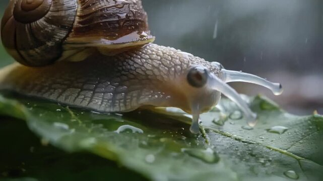 Probing land snail extending eyestalks and creeping forward on wet green leaf, responding to rain