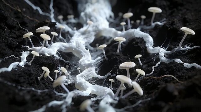 Time-lapse capturing white mycelial cords spreading across dark loamy soil, producing mushroom caps