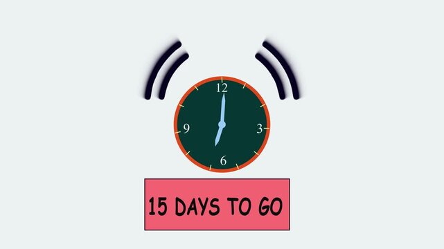 Timer number 15 days to go countdown motion template on white background . Animated alarm clock ringing showing  Motion graphic.