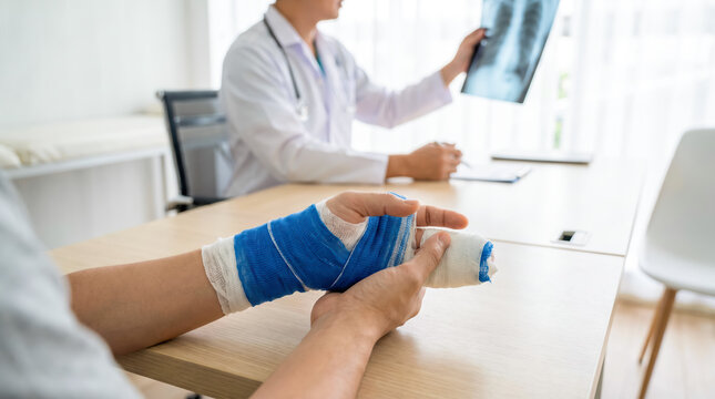 A person with a bandaged hand sits at a table in a clinic. A doctor looks at an X-ray with interest. They are discussing the injury and treatment options