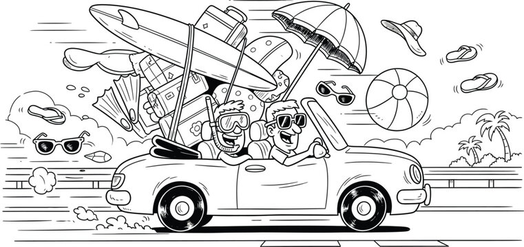 car carrying beach items in black and white line art