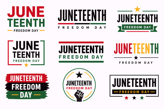 Collection of Juneteenth Freedom Day logo designs featuring various typography, colors, and graphic elements for celebration.