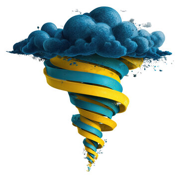 powerful cartoon tornado with narrow twisting yellow and blue isolated on transparent background