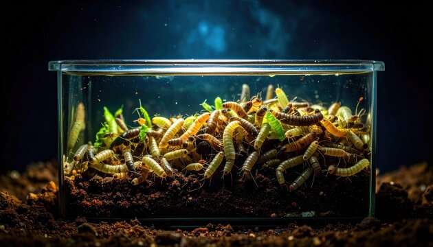 A crowded colony of protein rich mealworm larvae thriving within a glass terrarium, illustrating sustainable insect farming techniques for future food production and nutritional research.