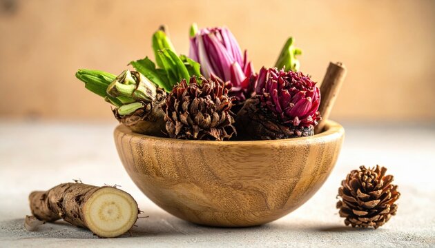 Assorted fresh chicory and burdock roots gathered in a wooden bowl for culinary preparation on a kitchen surface.