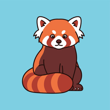 A cute cartoon illustration of a red panda sitting down with its bushy tail curled around it against a solid blue background.