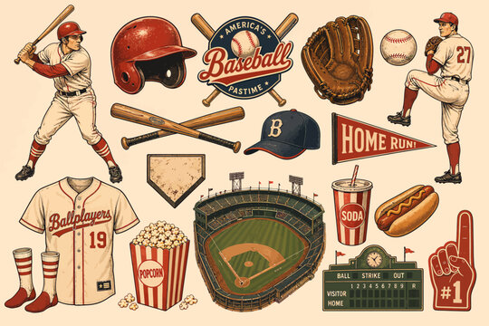 A comprehensive collection of vintage-style baseball equipment, players, stadium, and fan items in an illustrative design.