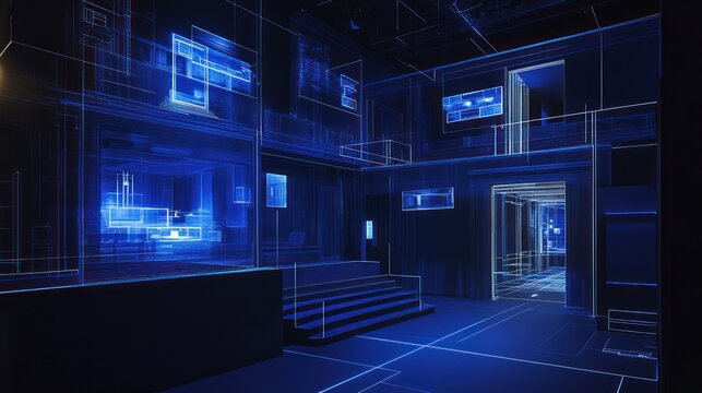 Futuristic smart home interior design, virtual overlay, modern architecture, architectural visualization