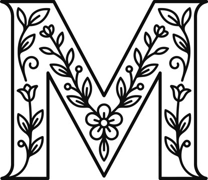 Elegant black outline letter M with intricate floral and botanical patterns, decorative monogram design.