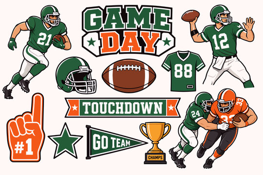 A vibrant collection of American football illustrations featuring players, equipment, fan gear, and game-day themed text banners.