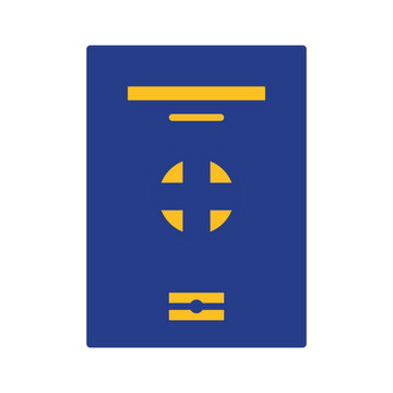 A blue rectangle with yellow geometric shapes arranged vertically.