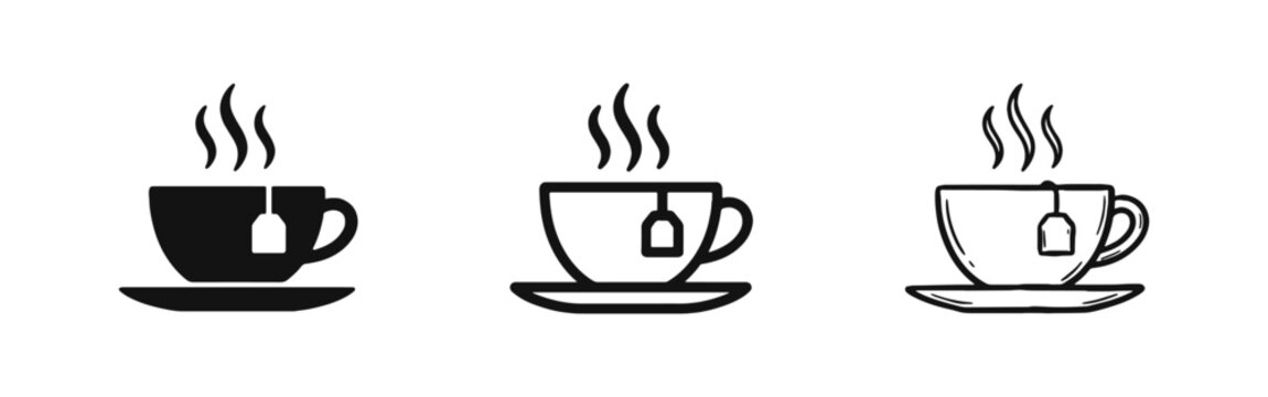 Hot Tea Cup with Tea Bag and Steam Icons Set
