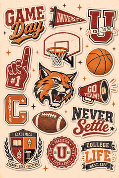 A collection of vintage-style college and university themed stickers and badges, featuring sports, academic, and campus life elements.