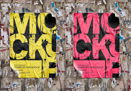Old torn poster mockup on grunge wall texture background