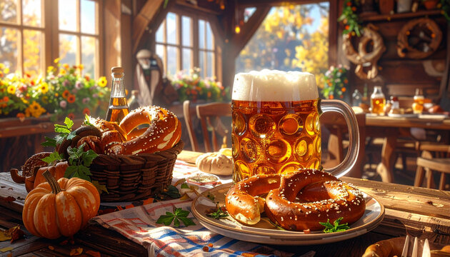 Beer Mug with Pretzels Rustic Scene