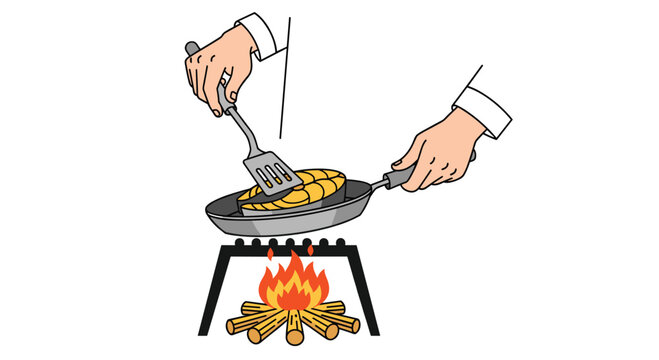 A chef uses a metallic spatula to flip a seared salmon steak inside a dark frying pan over a glowing campfire with crackling logs in a warm and rustic kitchen setting.