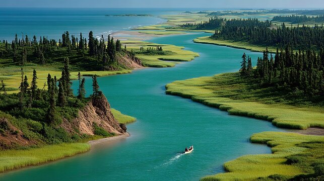 Winding Turquoise Coastal River Estuary with Salt Marshes, Coniferous Forests, Rocky Bluffs and Canoe in Remote Wilderness Scenery