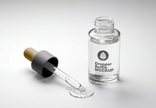 Glass dropper bottle mockup with cosmetic liquid serum