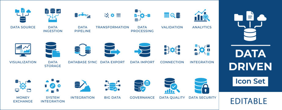 Data driven icon set featuring big data architecture, data pipeline, ingestion, analytics, visualization, storage, cloud integration, data quality, and database security symbols.