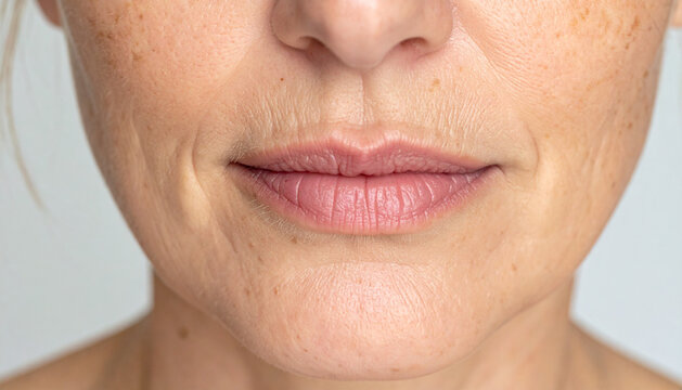 Extreme macro photograph of a mature woman face showing detailed freckles skin pores and fine lines concept of dermatology sun damage and authentic human skin texture vertical