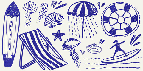 hand drawn beach elements including surfboards shells jellyfish and lifeguard ring high quality professional detailed © Apurba