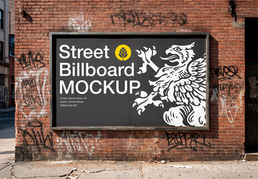 Outdoor billboard mockup on brick wall with graffiti urban setting