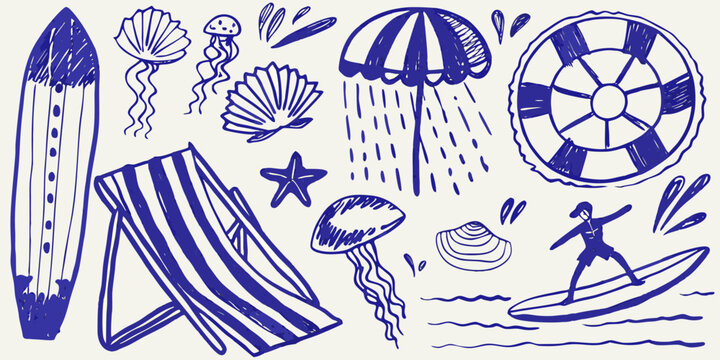 hand drawn beach elements including surfboards shells jellyfish and lifeguard ring high quality professional detailed