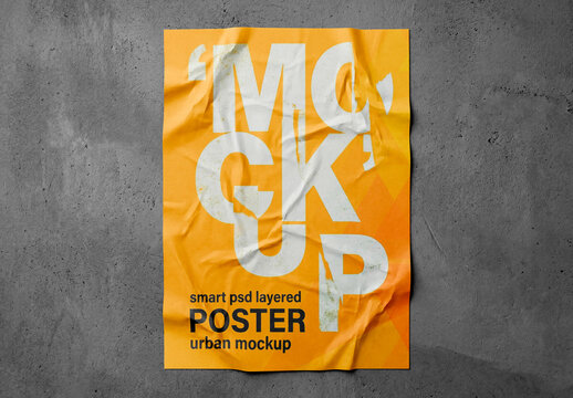 Crumpled paper poster mockup on concrete wall minimal style