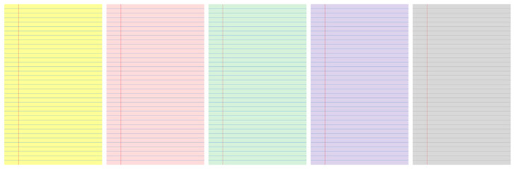 Set of vertical lined notebook paper backgrounds. Pastel purple, yellow, pink, green, gray colored striped legal pad page notes. Five vertical vintage memo templates, blanks for writing. © Darina