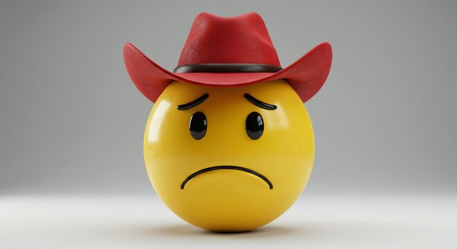 A yellow emoticon wearing a red cowboy hat appears unhappy on a plain surface